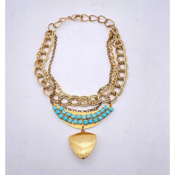 Multi Strand Layered Chain Gemstone Plate Dangle Drop Pendant Necklace - Picture 2 of 5